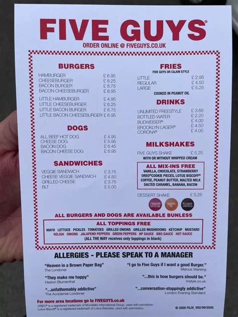 Five Guys Menu Prices UK 2024